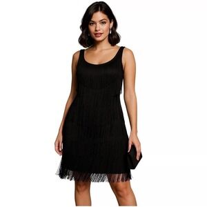 NWT Ashley Stewart Black Fringe Flapper Dress Sleeveless Tiered Cocktail Size 18